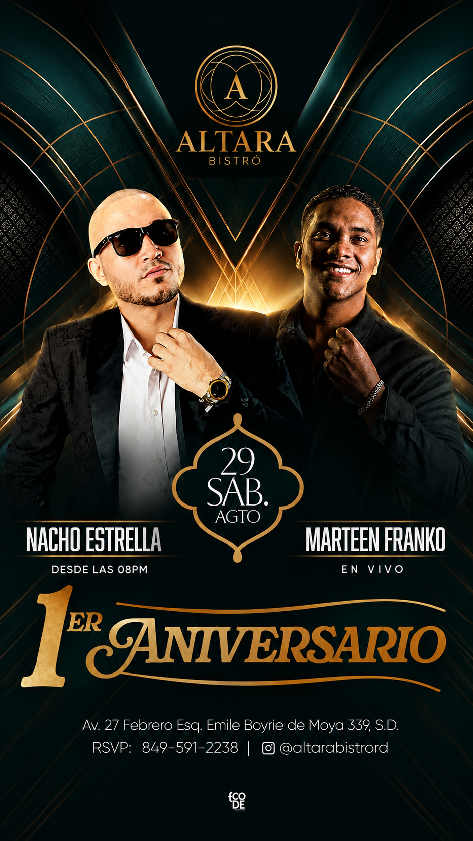 🎤 Nacho Estrella 🎤 Marteen Franko Celebra el 1er Aniversario de Altara Bistro este sábado 29 de agosto a las 8:00